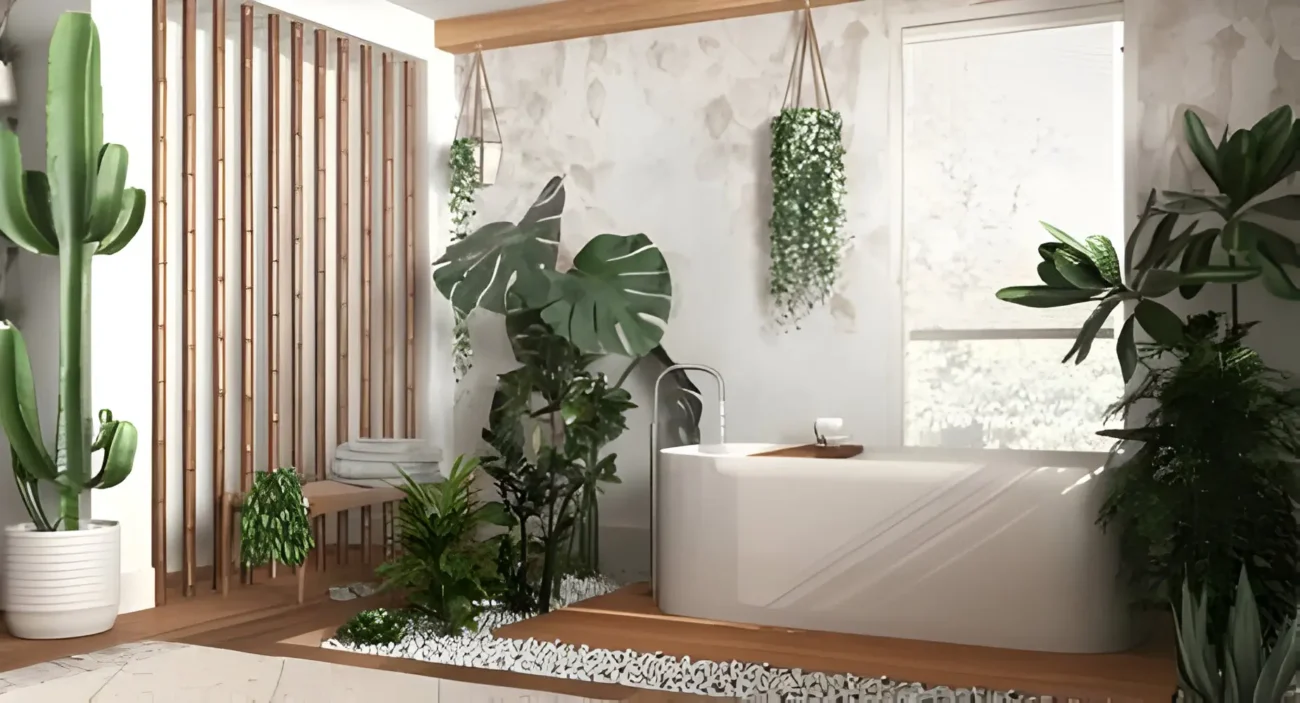 Bamboo Bathroom Decor Ideas - Modern wooden bathroom in white and beige tones with freestanding bathtub and bamboo wall