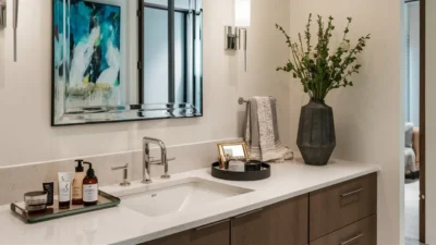 Beautiful statement mirror in bathroom sink area