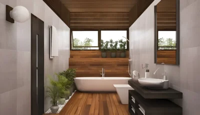 Contemporary Wood Bathroom With Plants