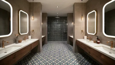 A commercial bathroom floor with a bold, patterned, slip-resistant tile design making a statement.