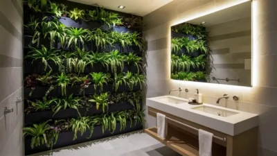 A living wall of plants incorporated into a commercial bathroom design to add a natural touch.