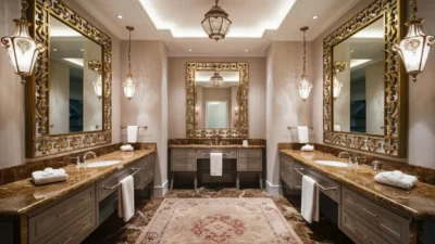 A luxurious small commercial bathroom with a statement mirror, marble accents, and elegant lighting fixtures.