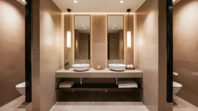 A modern and sleek commercial bathroom with neutral color walls, a floating sink, and accent lighting.