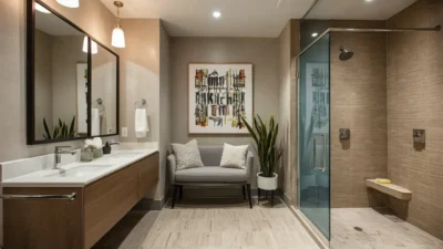 A welcoming commercial bathroom with a tasteful piece of artwork, a plant, and a stylish seating area.