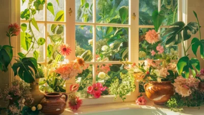 Bathroom Window Ledge Decorating Ideas with Plant and Flowers